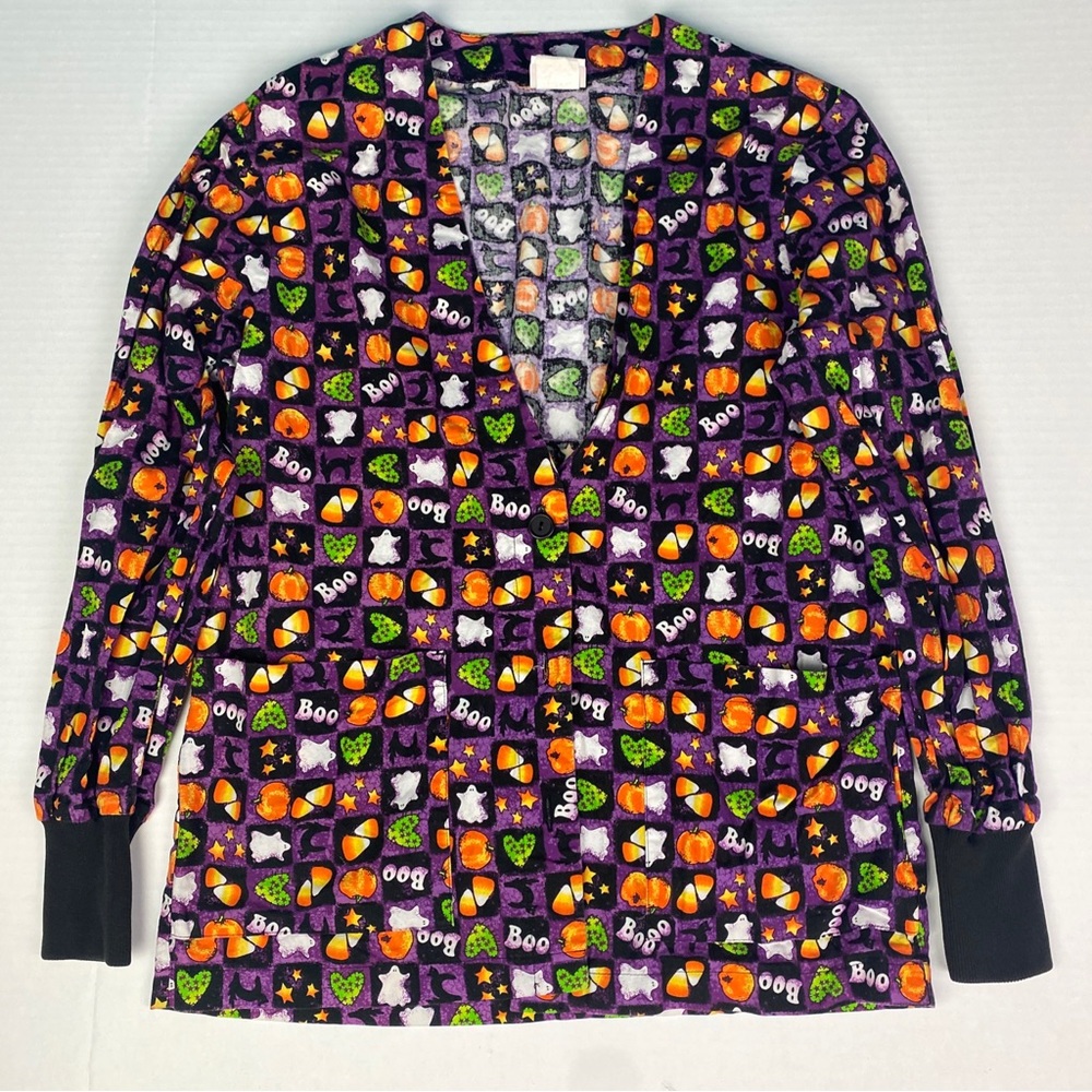 Peaches Women’s XS Scrub Jacket Halloween Fall Ghost Cat Candy Corn Pumpkin
